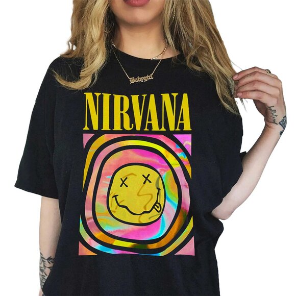 Nirvana Smiley-Inspired Graphic Tee – Retro Grunge Band T-Shirt - Picture 1 of 3